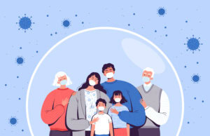 Family in medical masks stands in a protective bubble. Adults, old people and children are protected from the new coronavirus COVID