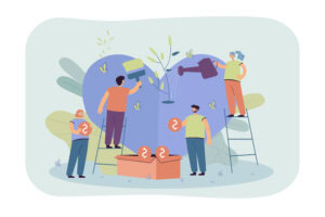 Stylized volunteer team giving care and sharing hope